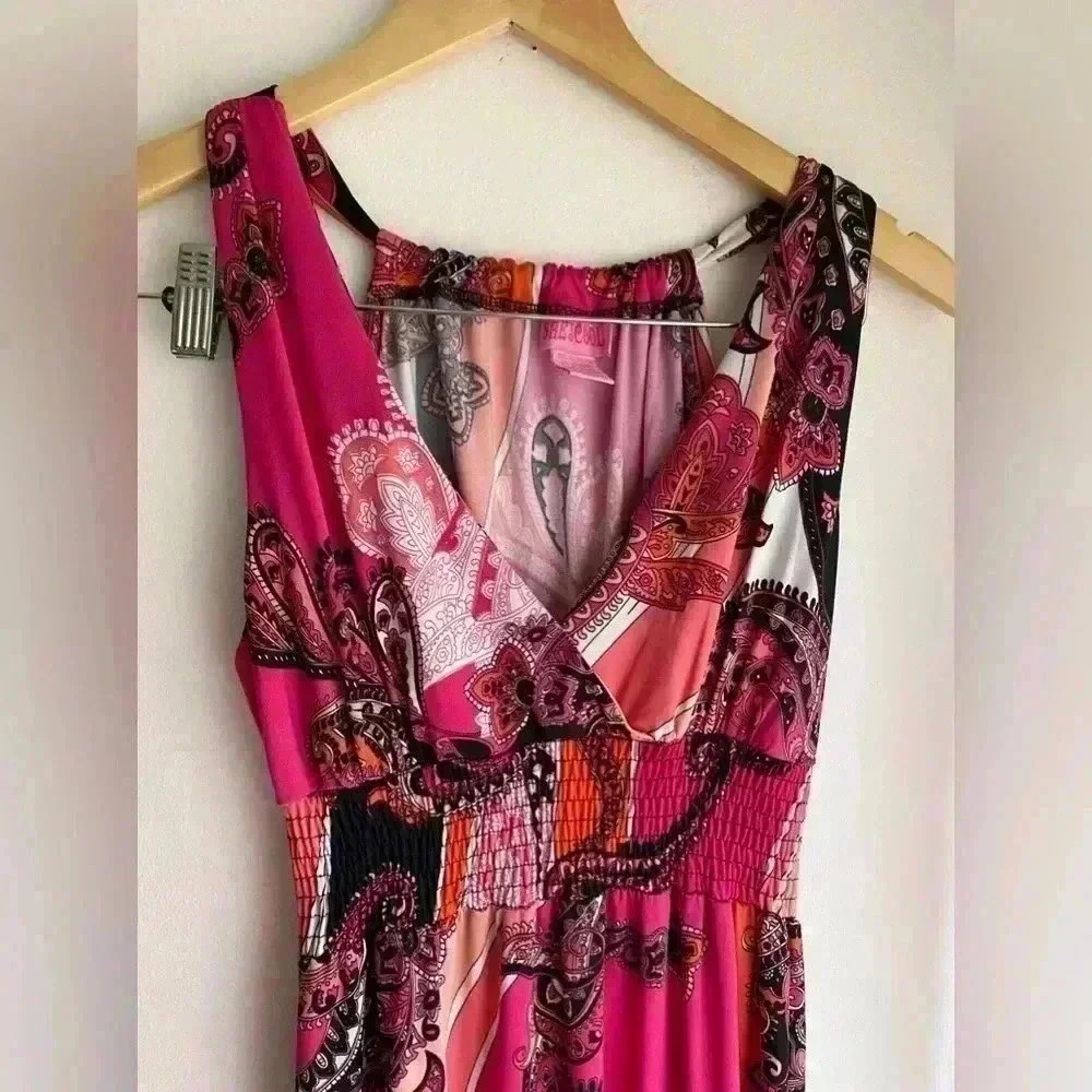 Vintage Shes Cool Pink Paisley Halter V Neck Y2K Maxi Dress Retro Cinched Waist - Picture 2 of 7